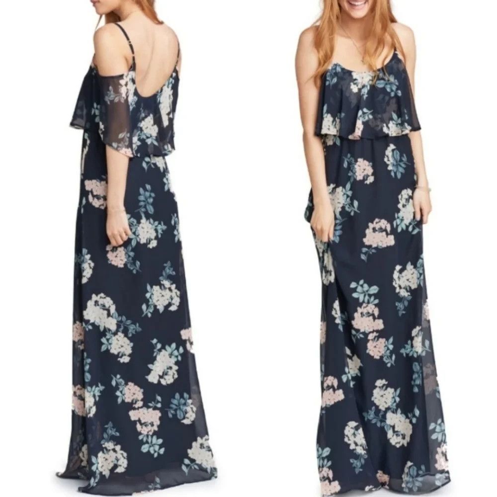 SHOW ME YOUR MUMU Caitlin Blue Floral Ruffle Flounce Chiffon Maxi Dress SIZE XS